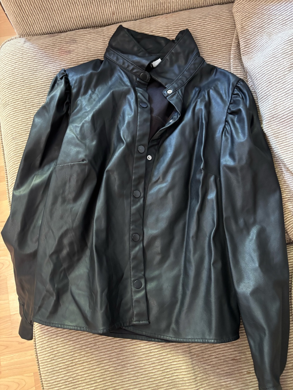 H&M Black Faux Leather Snap-Front Bomber Jacket